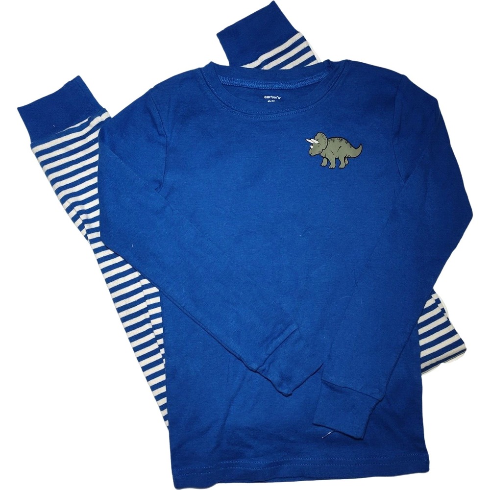 Carter's Boys Sz 8 Blue Dinosaur 2pc Pajamas‎ Long Sleeve Stripe Pants Cotton